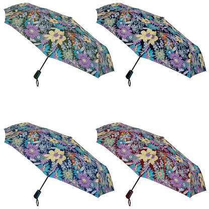 Four colorful umbrellas are displayed opened with vibrant floral patterns covering their canopies in a variety of colors against a neutral background showcasing their design and style.