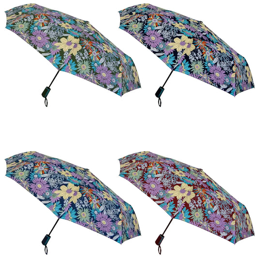 Four colorful umbrellas are displayed opened with vibrant floral patterns covering their canopies in a variety of colors against a neutral background showcasing their design and style.