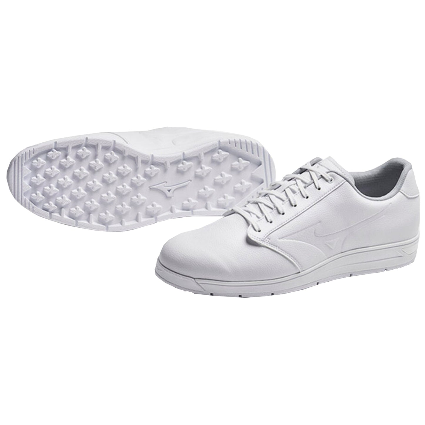 A pair of white shoes is displayed with focus on their sleek design and textured sole showcasing visible studs for traction set against a plain background