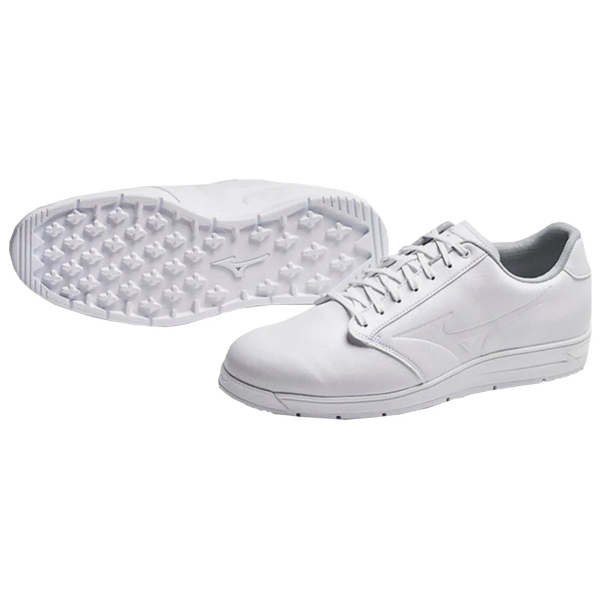 A pair of white shoes is displayed with focus on their sleek design and textured sole showcasing visible studs for traction set against a plain background