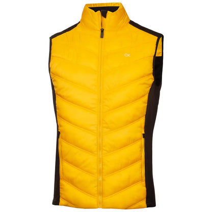 A sleeveless yellow vest with a chevron pattern is displayed upright. It features a high collar and black side panels, highlighting a sporty style suited for active wear.