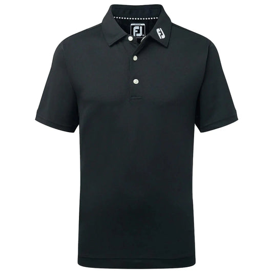A black polo shirt is displayed, featuring a collared neck with three buttons and logo accents on the collar, suitable for casual or athletic wear in various settings.