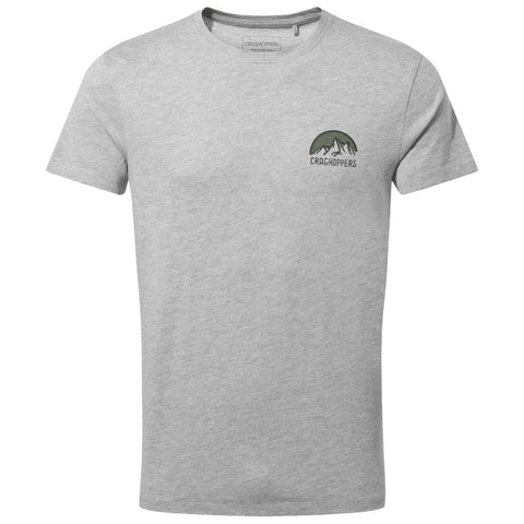 A gray t-shirt with short sleeves features a circular mountain graphic in dark green and the text CRAGHOPPERS above it, presented against a neutral background.