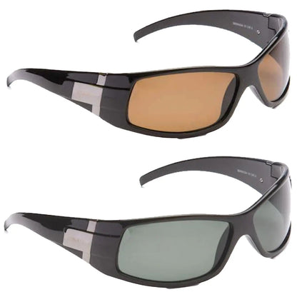 Two pairs of sunglasses are displayed with distinct tinted lenses one pair has brown lenses and the other has green lenses both feature a sleek black frame and tinted arms