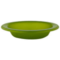A green plate sits flat on a surface showcasing a smooth, rounded design and a slightly raised rim designed for holding food or other items in a casual dining context.