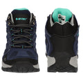 A pair of blue hiking boots is displayed upright with black and turquoise accents. The laces are tightly secured, showcasing a sturdy design suitable for outdoor activities.