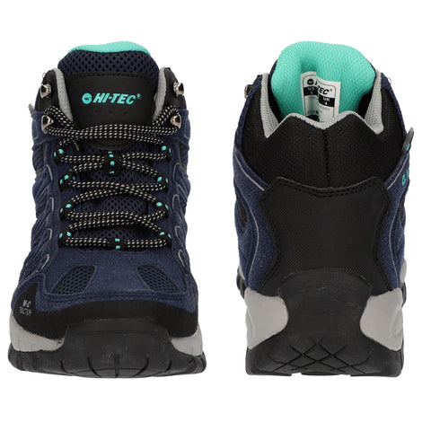 A pair of blue hiking boots is displayed upright with black and turquoise accents. The laces are tightly secured, showcasing a sturdy design suitable for outdoor activities.