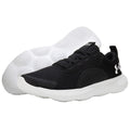 Black athletic shoes with a textured upper and a white rubber sole are positioned adjacent to each other showcasing their comfort-focused design intended for sports or casual wear.