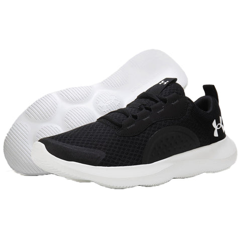 Black athletic shoes with a textured upper and a white rubber sole are positioned adjacent to each other showcasing their comfort-focused design intended for sports or casual wear.