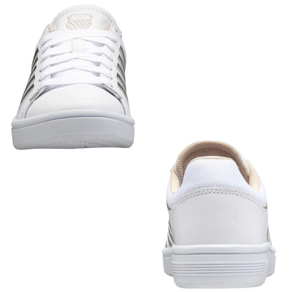 A pair of white sneakers is displayed focused from the front and back perspectives featuring laces and a textured design with subtle accents perfect for casual wear.