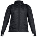 A black, padded jacket with a high collar and long sleeves is presented. The jacket features a zip front closure and has contrasting fabric on the sides and cuffs.