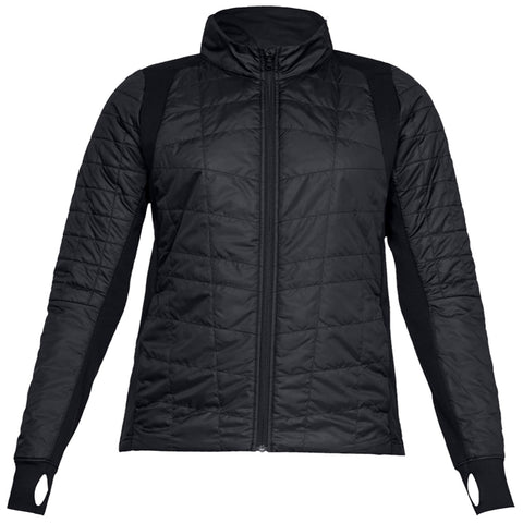 A black, padded jacket with a high collar and long sleeves is presented. The jacket features a zip front closure and has contrasting fabric on the sides and cuffs.