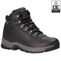 Hi-Tec Ladies Eurotrek Lite Waterproof Walking Boots A brown hiking boot stands upright showcasing features like metal eyelets and thick laces it appears designed for outdoor activities in a clean white background with a label in the top right corner