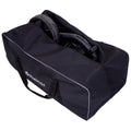 A black storage bag with a zipper is partially open revealing the handle and wheel of a folded item inside indicating it is designed for transport or storage purposes.