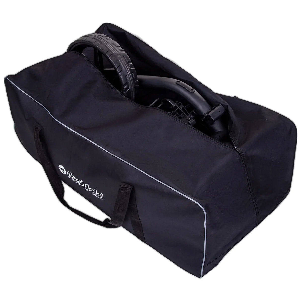 A black storage bag with a zipper is partially open revealing the handle and wheel of a folded item inside indicating it is designed for transport or storage purposes.