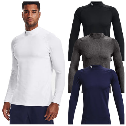 Model wearing Under Armour Mens CG Fitted Mock Top on a white background  1366066