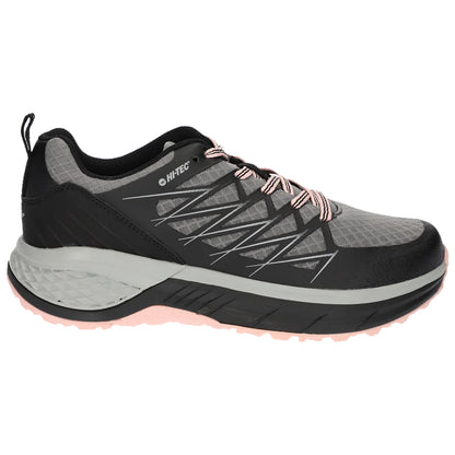 A black and gray athletic shoe is positioned on a white background featuring a textured upper and multi-colored laces designed for outdoor activities providing comfort and stability in rugged environments.