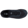 A black athletic shoe is positioned upright showing its laces and textured surface designed for outdoor activities surrounded by a neutral background emphasizing its sleek design and functionality.