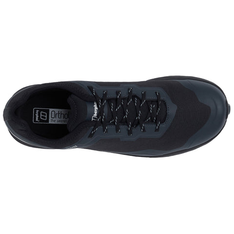 A black athletic shoe is positioned upright showing its laces and textured surface designed for outdoor activities surrounded by a neutral background emphasizing its sleek design and functionality.