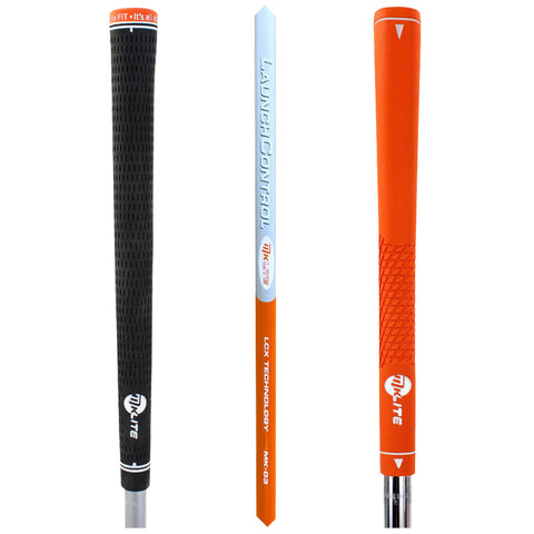Three golf club grips are displayed with a black textured grip on the left a white and orange shaft labeled Launch Control in the center and an orange textured grip on the right