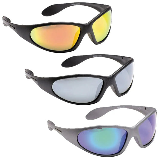 Three pairs of sunglasses are displayed stacked vertically with distinct lens colors the top pair has yellow and orange reflective lenses the middle pair has gray lenses and the bottom pair has blue and green lenses.