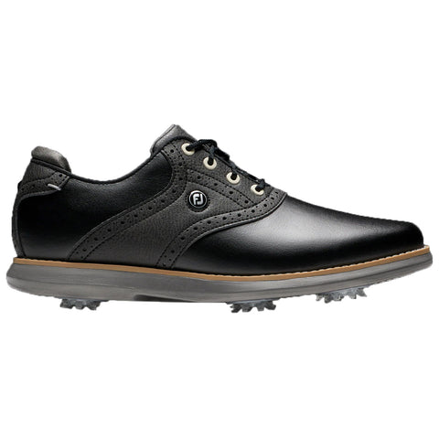 A black golf shoe is positioned on a plain background showcasing its smooth leather upper decorative perforations and spiked outsole designed for traction on golf courses.