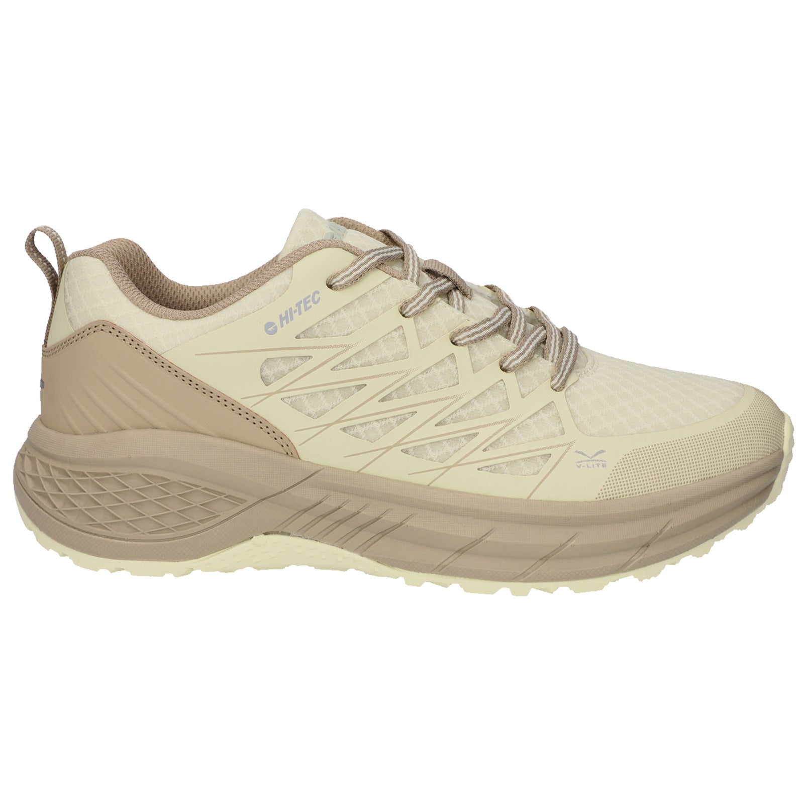 A beige athletic shoe features a textured mesh upper and a cushioned sole designed for comfort during movement set against a plain white background.