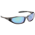 Sunglasses with a sleek black frame feature mirrored lenses displaying a blue-green gradient. They are positioned on a plain white background, emphasizing their design and reflective quality.