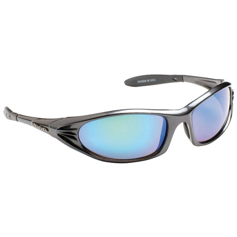 Sunglasses with a sleek black frame feature mirrored lenses displaying a blue-green gradient. They are positioned on a plain white background, emphasizing their design and reflective quality.