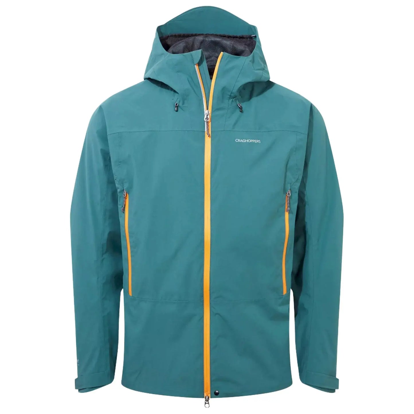 A teal outdoor jacket with a hood is displayed front-facing with two side zippers and an orange front zipper showcasing its design within a plain white background.