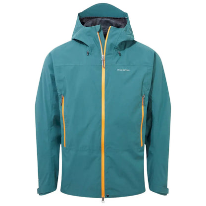 A teal outdoor jacket with a hood is displayed front-facing with two side zippers and an orange front zipper showcasing its design within a plain white background.