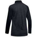 A dark long-sleeved athletic sweatshirt with a high collar is displayed from the back, featuring a textured fabric and a small logo at the neck, suitable for training or casual wear.