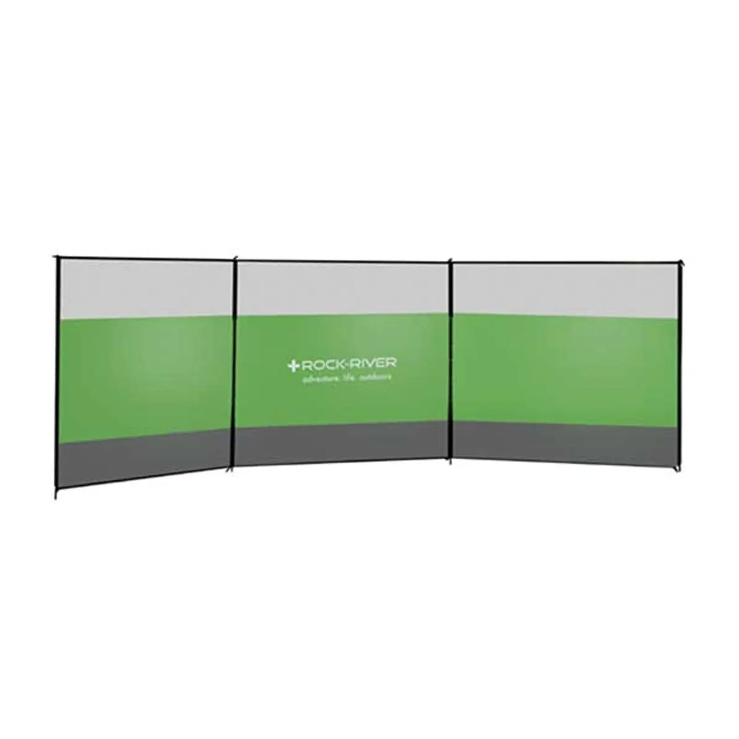 A folding screen with three sections is displayed showcasing a green and gray design with the text ROCK RIVER adventure life solutions it is positioned in an indoor setting.