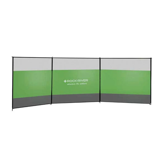 A folding screen with three sections is displayed showcasing a green and gray design with the text ROCK RIVER adventure life solutions it is positioned in an indoor setting.