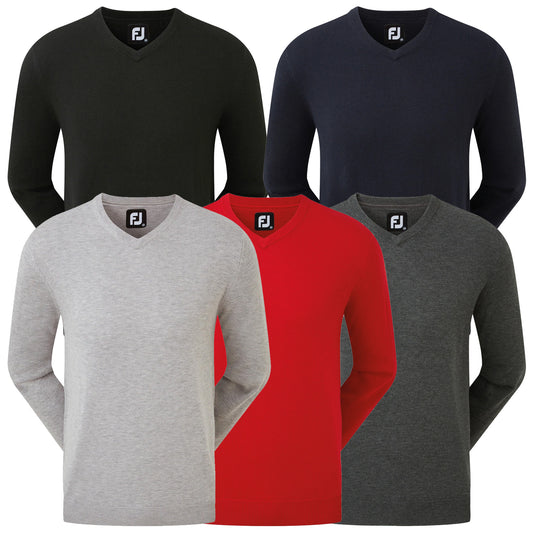 FootJoy Mens Wool Blend V-Neck Pullover Five v-neck sweaters in various colors including black gray red and navy are displayed hanging against a neutral background showcasing their simple design and style for casual or semi-formal wear