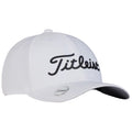 A white golf cap with a curved brim displays the black cursive logo "Titleist" on the front and a small brand emblem on the side set against a neutral background.