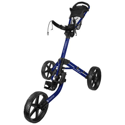 A blue golf pushcart stands upright with a handle and three large wheels. It is designed for easy maneuverability on golf courses, featuring a compartment for storage and a brake mechanism.