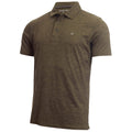 A short-sleeved olive green polo shirt with a collar and three buttons is displayed against a plain background showcasing its fabric texture and a logo on the chest area.