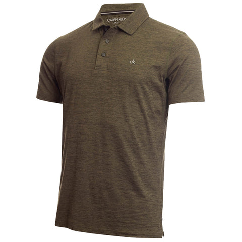 A short-sleeved olive green polo shirt with a collar and three buttons is displayed against a plain background showcasing its fabric texture and a logo on the chest area.