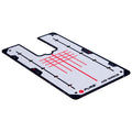 A flat rectangular training board with a white surface features red grid lines and multiple grooves for alignment placed against a plain background designed for precision training exercises.