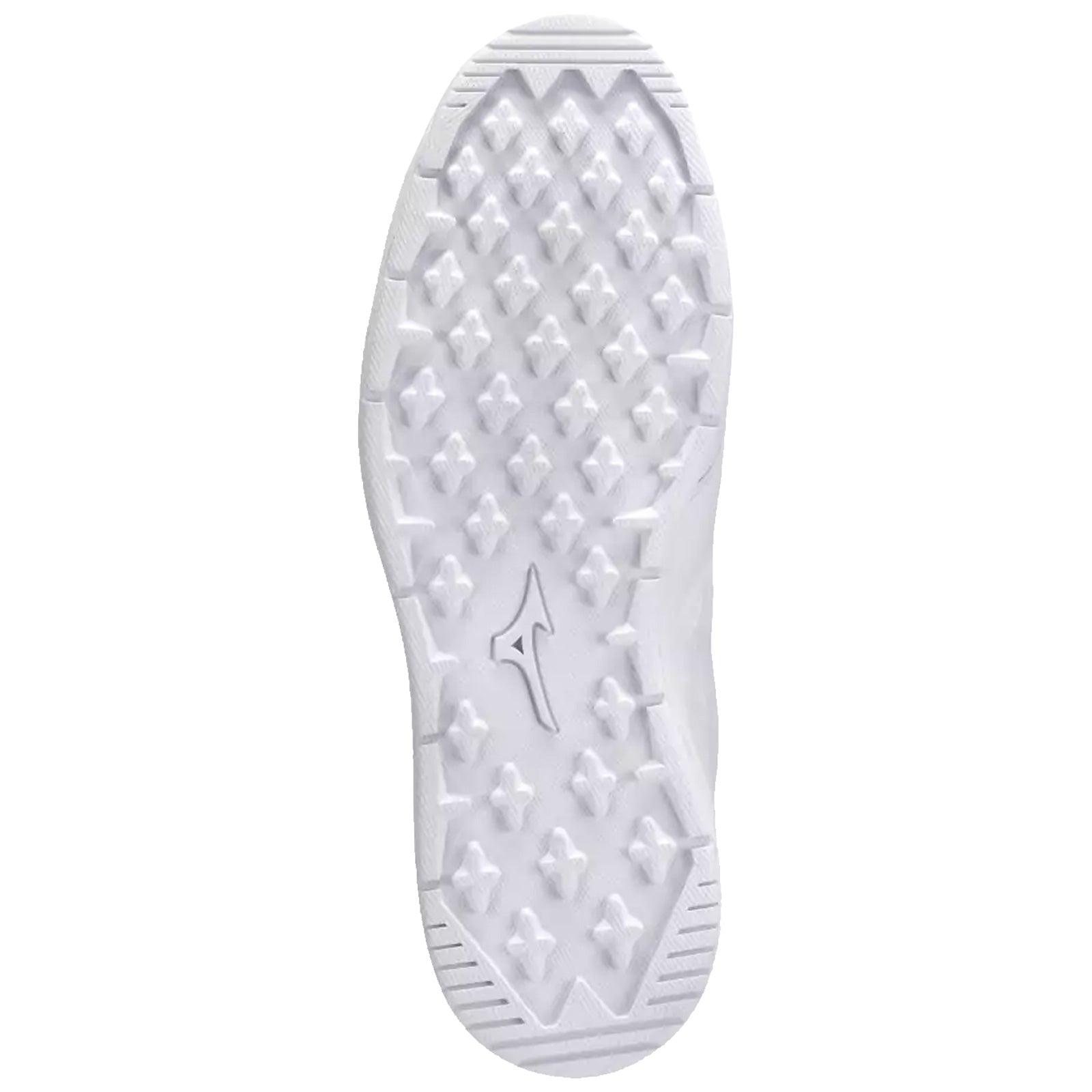 A white shoe sole with a textured pattern is presented. It appears to be designed for traction, suitable for sports or outdoor activities. The background is plain.