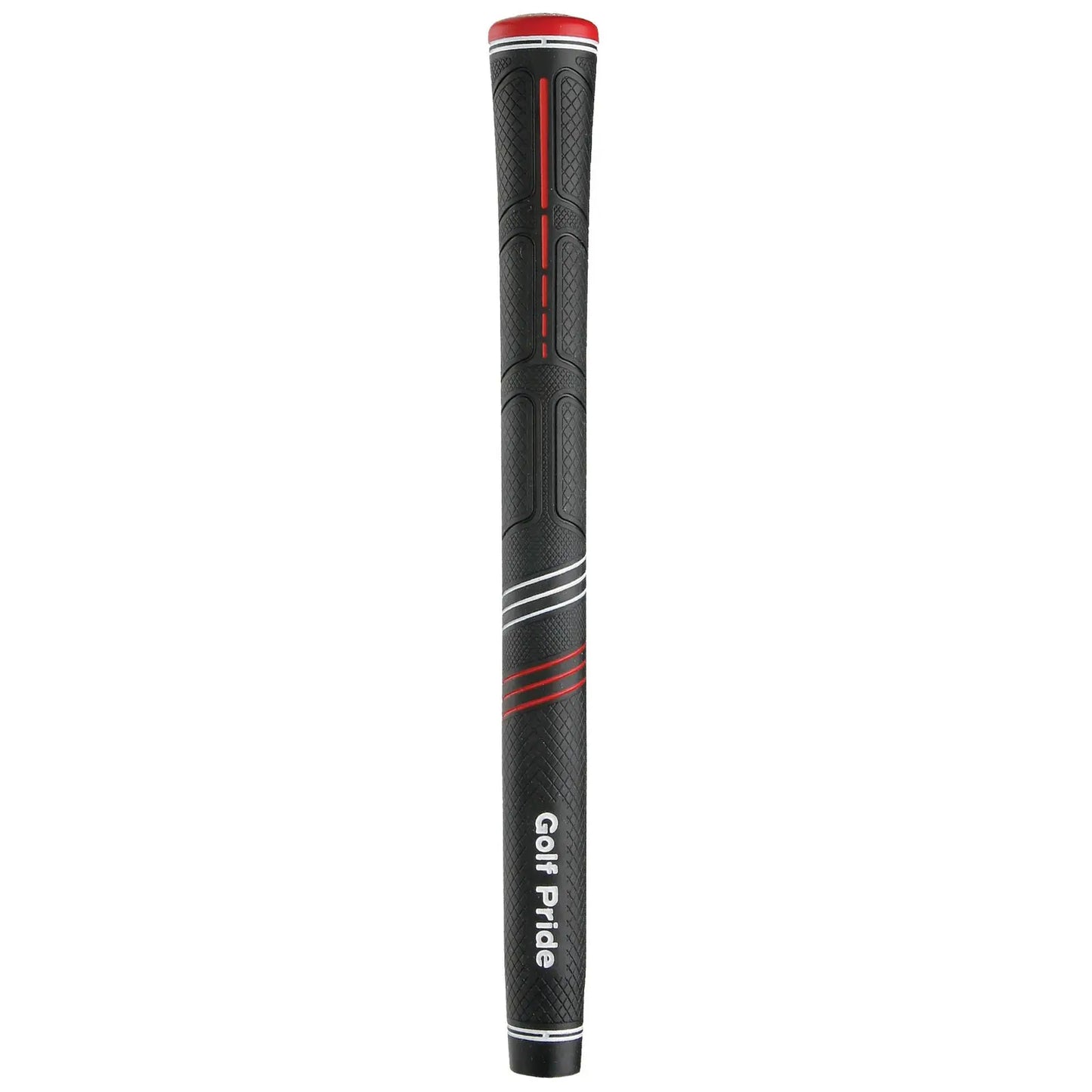 A golf club grip is displayed vertically featuring a textured black surface with red and white accents and the text Golf Pride near the bottom indicating its brand and purpose.