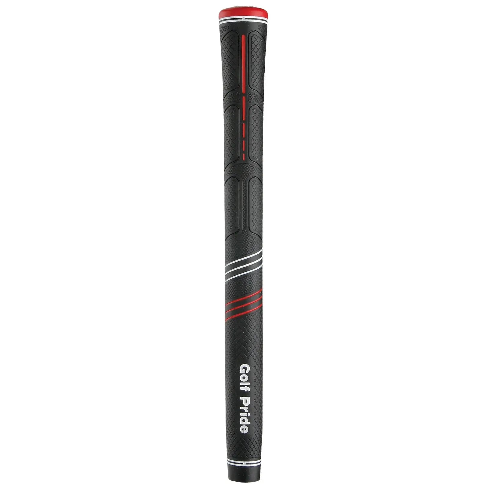 A golf club grip is displayed vertically featuring a textured black surface with red and white accents and the text Golf Pride near the bottom indicating its brand and purpose.