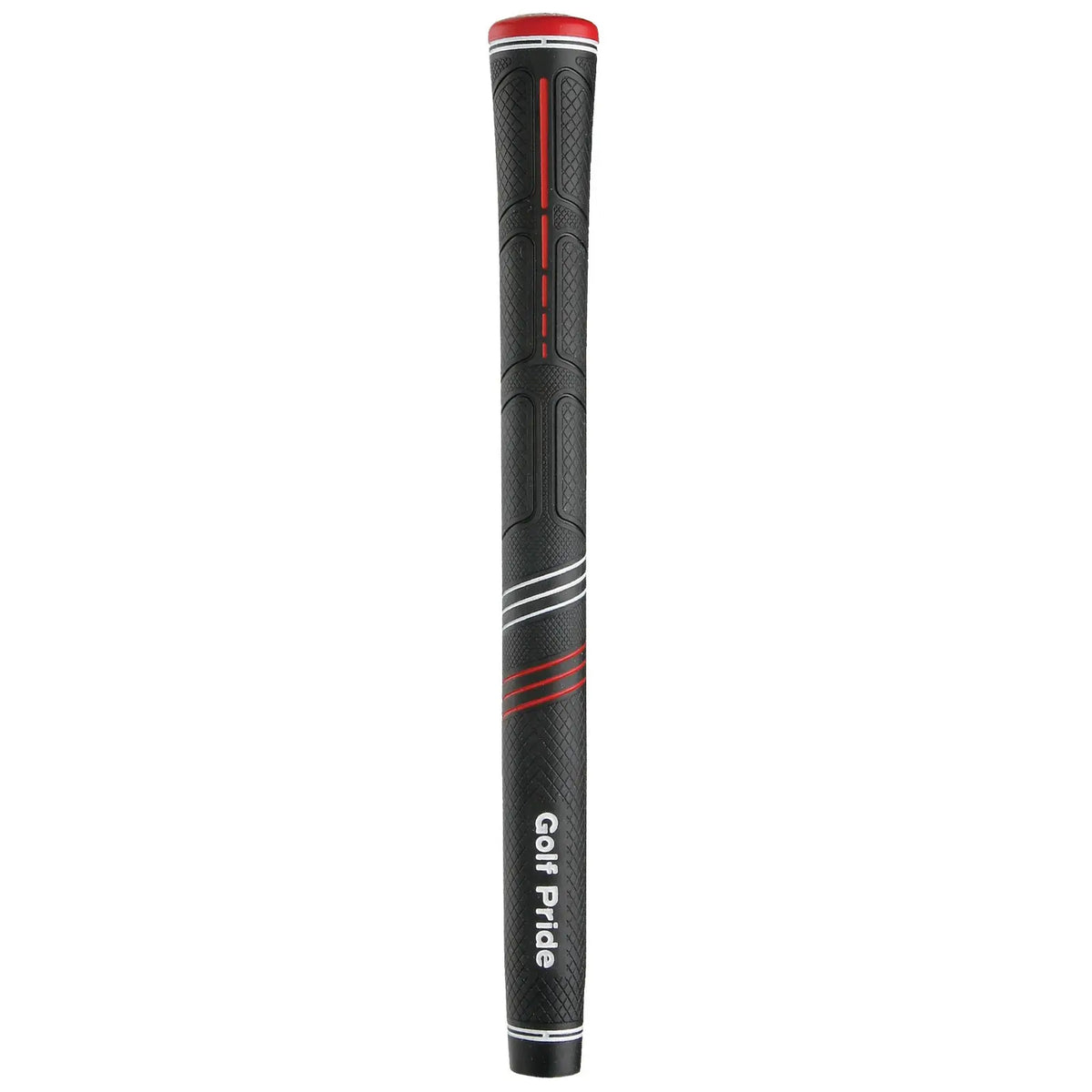 A golf club grip is displayed vertically featuring a textured black surface with red and white accents and the text Golf Pride near the bottom indicating its brand and purpose.