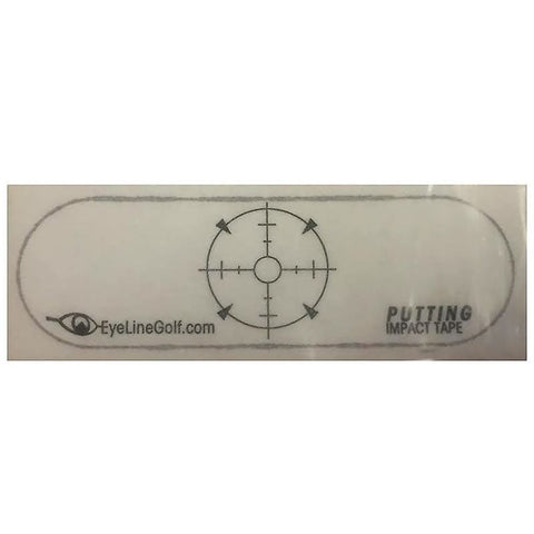 Putting impact tape displays a circular target with directional arrows indicating alignment used to analyze golf club impact on the ball placed on a putting green with branding on the side