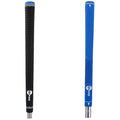Two golf grips are displayed side by side the left grip is black with a textured surface and logo while the right grip is blue with a smooth texture and a logo at the bottom