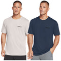 Two light-skinned men are wearing short-sleeved t-shirts, one in light gray and one in dark blue, both featuring a small logo on the chest, standing against a plain background.