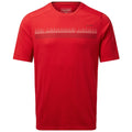A red short-sleeve t-shirt features a graphic pattern resembling sound waves across the chest showcasing a sporty design suitable for casual or active wear.