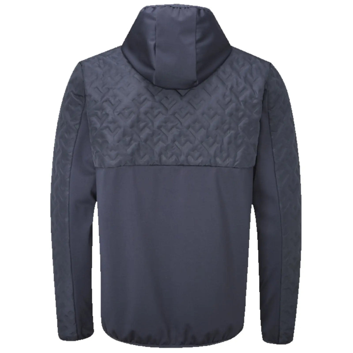 A dark hooded jacket features a textured upper section and a smooth lower section the jacket is displayed flat against a plain background suggesting casual outerwear for comfort and style.