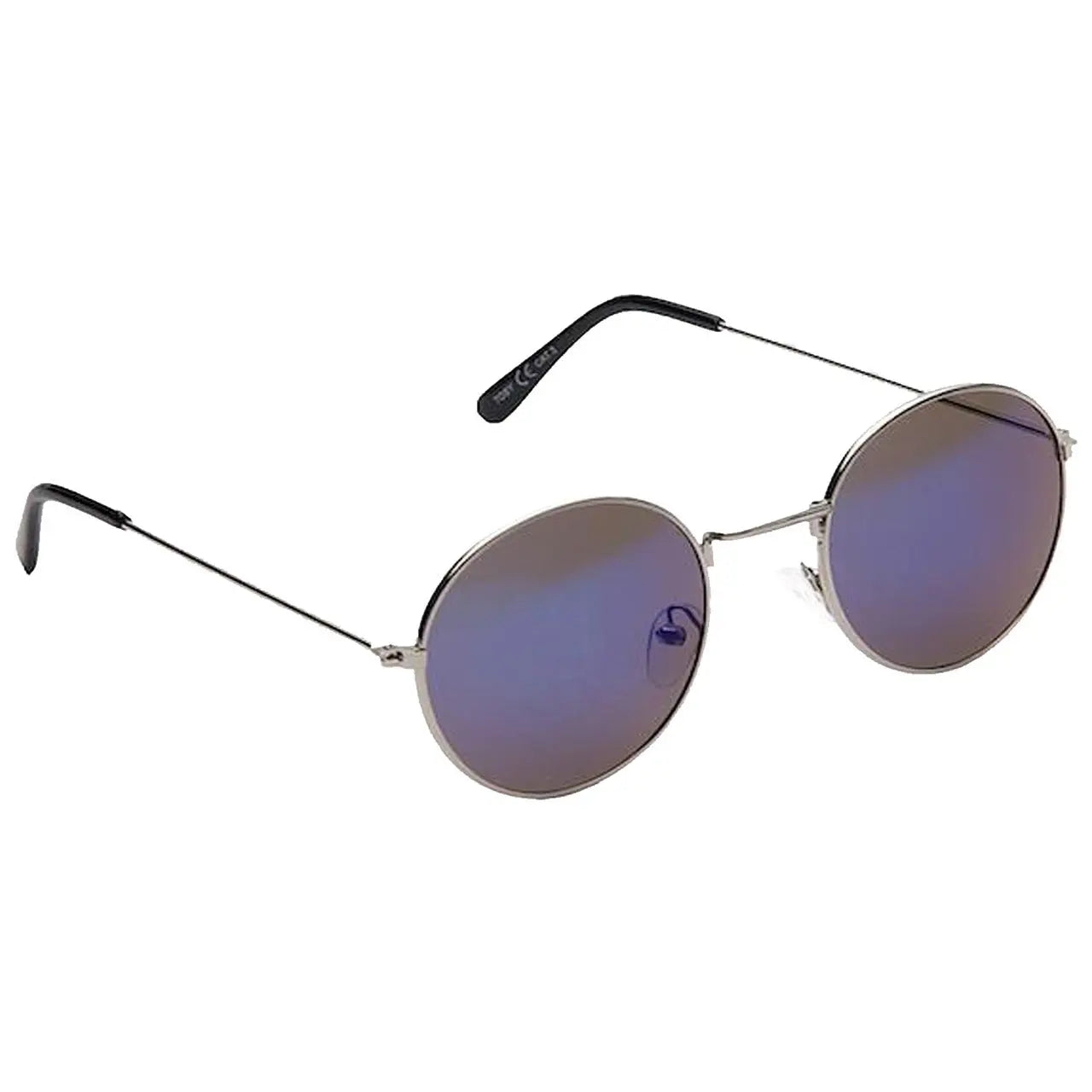 Round sunglasses with a metallic frame reflect a gradient of purple and gray light where they rest on a flat surface indicating a stylish accessory for sun protection.